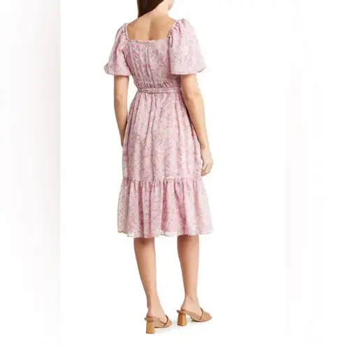 Julia Jordan Pink Floral Puff Sleeve Midi Dress - Size 14