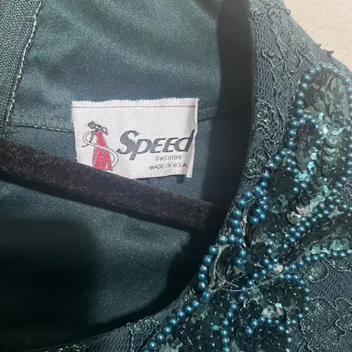 Vintage Green Cocktail Dress Sequins Beaded Midi Full Skirt Gown Sz 6/8