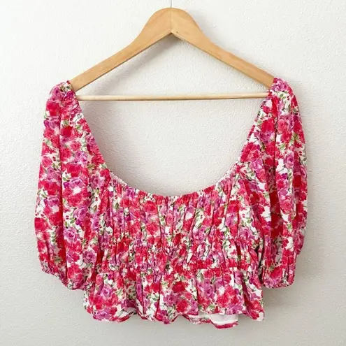 WAYF | Avra Floral Puff Puffed Sleeve Crop Top Corset Style Pink Red | Size XL