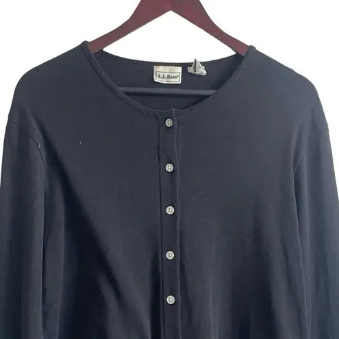 L.L.Bean  Women Top Crew Neck Long Sleeve Embroidered Floral Hem Button Up L Black