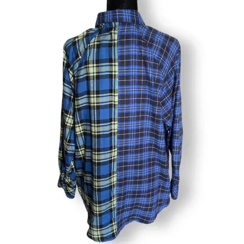 Wild Fable  Womens Juniors Shirt M Spliced Blue Plaid Flannel Tunic Pockets NEW