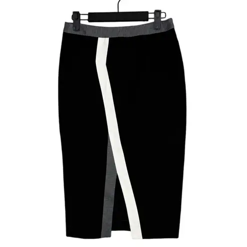 Alvin Valley Color Block Trim Accent Pencil Fitted Midi Skirt Slit S Black White