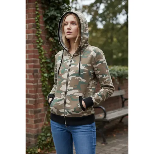 Heart Hips Camo Zip Up Hoodie Jacket Sweater L Camouflage Casual Ribbed Size L