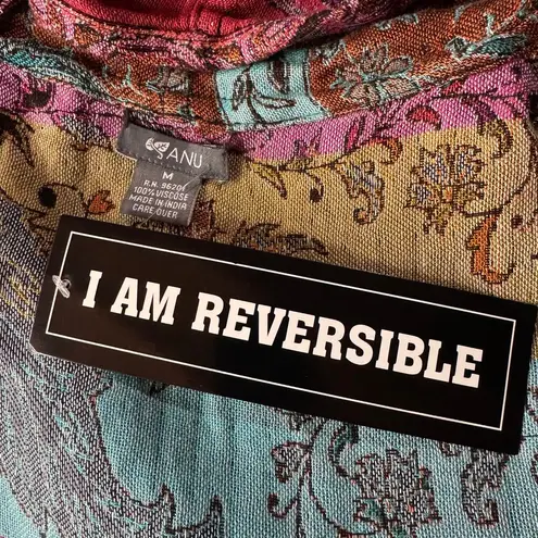 ANU Medium Artsy Vest Jacket Floral Reversible Draped Fringe Open Front Boho New Brown