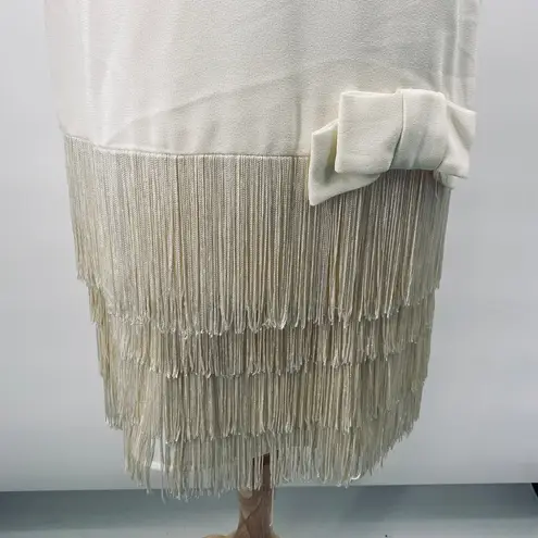 Vintage 80s Fringe Trim Dress Drop Waist Bow Detail Long Sleeves Ivory Womens 10 White