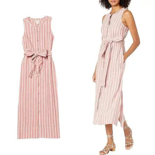 Club Monaco Linen Striped Red Sleeveless Waist Tie Midi Dress Sz 00