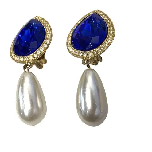 Vintage Blue  Sapphire Gem with Hanging Faux Pearl, Rhinestone Clip-On Earrings