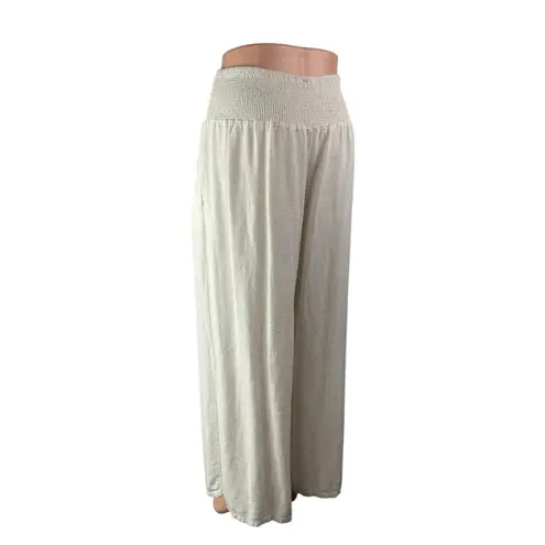 Women's White Smocked High Waisted Boho Wide Leg Cropped Trousers Pants Size L Size L