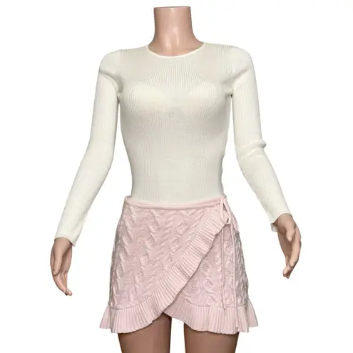 Danielle Guizio GUIZIO Gemma Cable Knit Wool-Blend Wrap Mini Skirt, Pink, XS