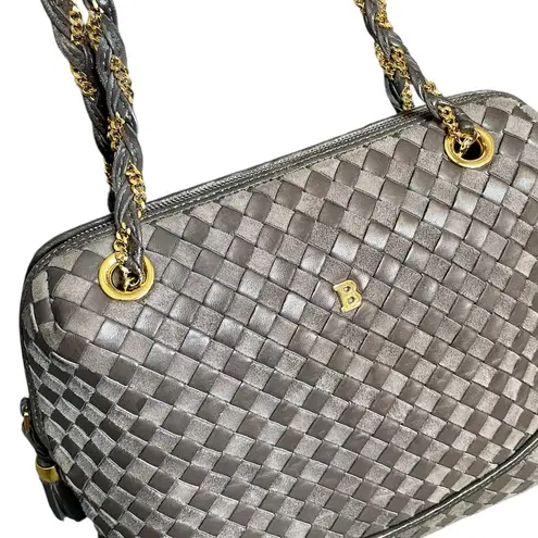 Bally Gray Woven Leather & Suede Vintage Intrecciato Double Strap Shoulder Bag