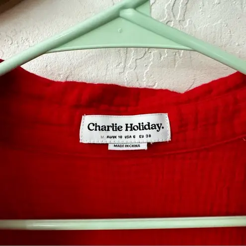 Charlie Holiday Red Cotton Gauze Harlow Button Down 3/4 Casual Oversized Shirt 6