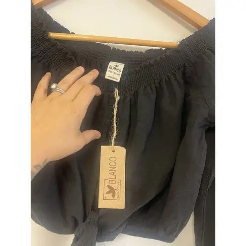 Blanco 100 % Cotton Top Off Shoulder Blouse Tie Front Sz L NWT $48 Black Size L