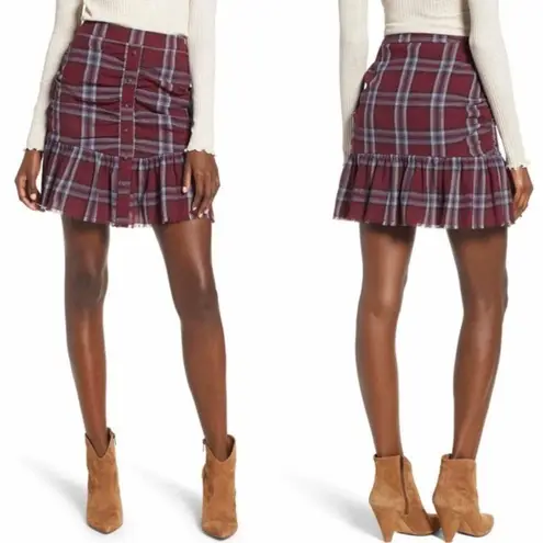 Moon River Anthropologie’s Mini Skirt Plaid Burgundy Cotton Ruffle Size S NWT