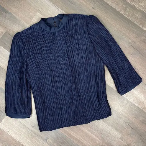 Vintage Pierre Labiche Plisse Satin Scrunch Pleated Puff Sleeve Blouse Blue 16 Blue