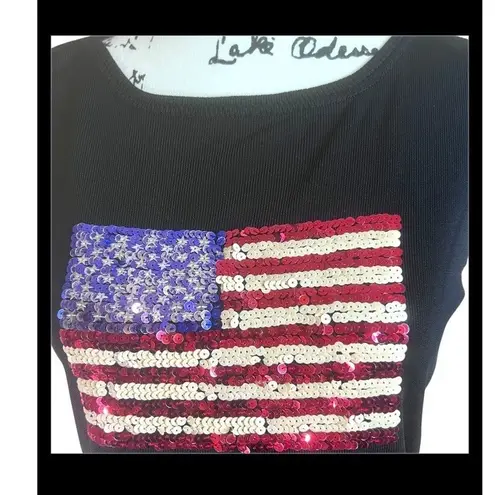 Sweater Works American Flag Sequin Sleeves Knitted Black Shirt Medium