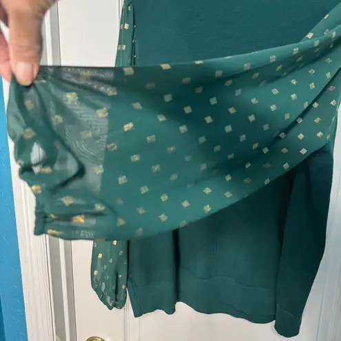 Indigo Rose Blouse Sheer Sleeve Gold Square Accents Top Green 2X
