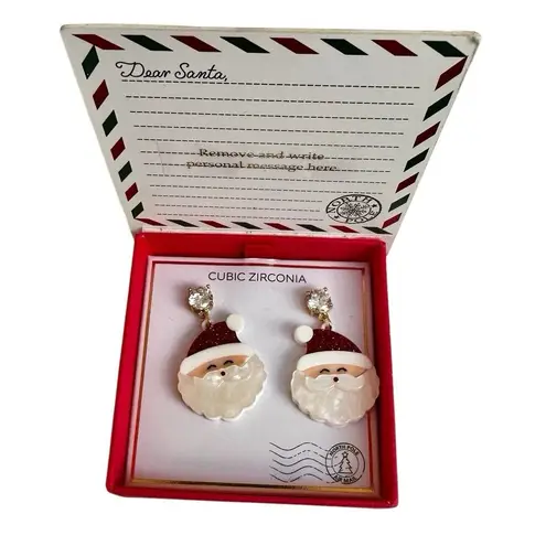 Santa Claus Christmas Earrings 🎅✨ Cubic Zirconia Dangle Gift Box