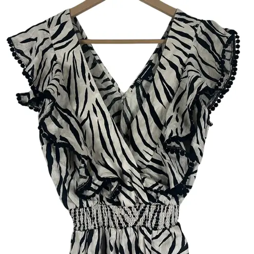 NWT INC 100% Linen Romper Size S Black Cream Zebra Print V