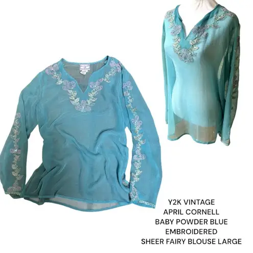 Y2K April Cornell Baby Blue Embroidered Sheer Fairy Blouse Long Sleeve L Size L