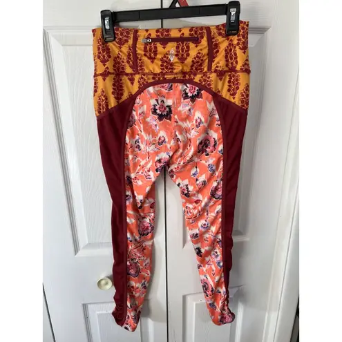 Free People Womens Yoga Leggings With Wild Floral & Geometric Prints Ruched Ankl Orange Size M