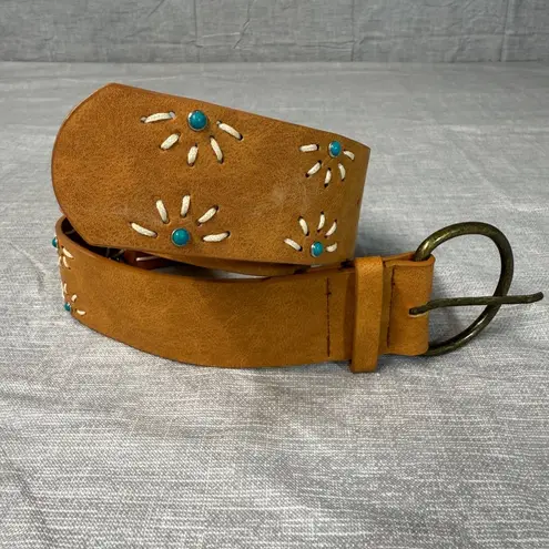 Brown Floral Embossed Leather Belt Faux Turquoise Accents Brass Buckle Women's