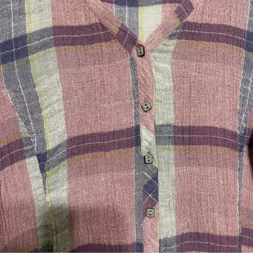 Habitat  Size S Pink Plaid 3/4 Sleeve Linen Button Up Top thumbnail 5