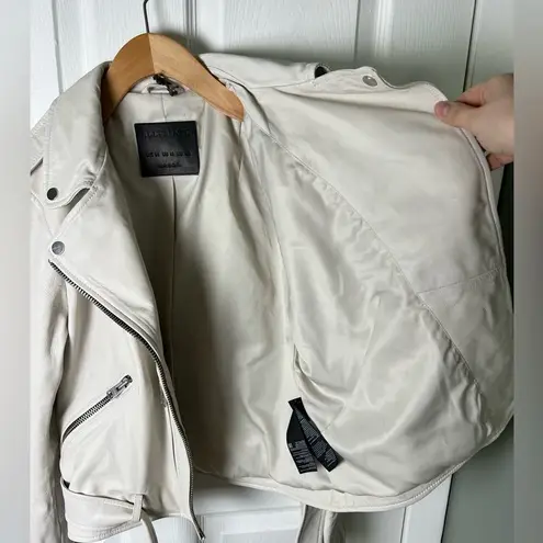 All Saints Leather Biker Balfern Belted Hem Zip Up Long Sleeve Jacket Ivory 10