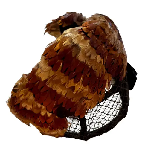 Vintage 1950's Feather Fascinator Hat Black Birdcage Veil 5.5" W x 14" L Brown