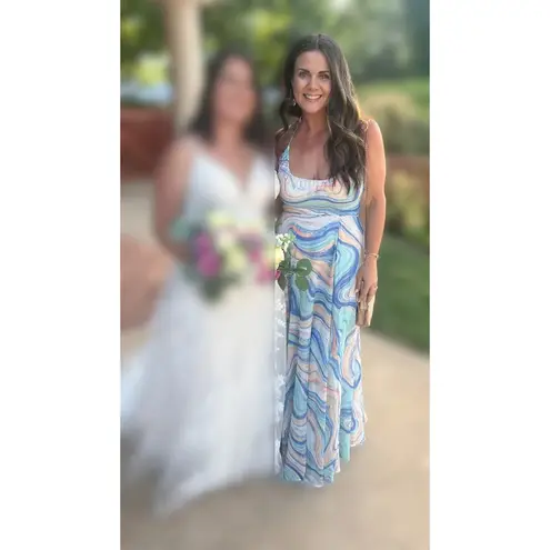 LIV FOSTER Blue Orange Abstract Watercolor Wave Pattern Halter Neck Maxi Size 6