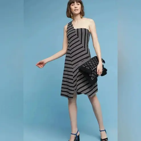 Anthropologie  Maeve Black & White Stripe Moka One-Shoulder Dress Size XS