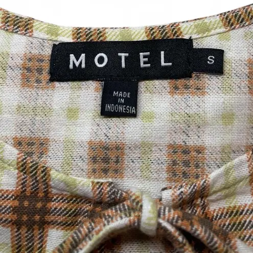 Motel Plaid Puff Sleeve Tie-Front Dress Size S Brown & Green Check Cottagecore