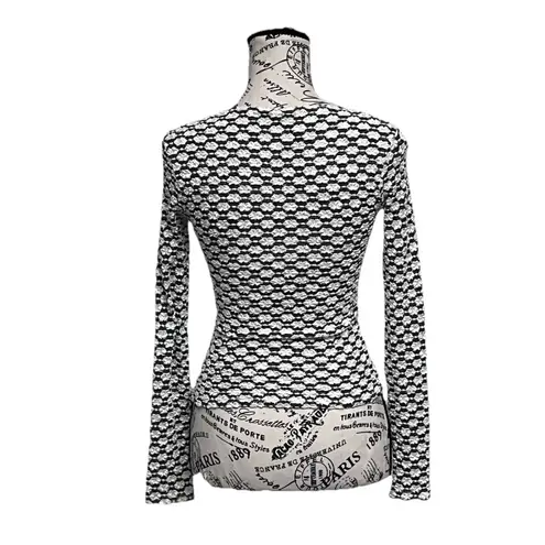 Vintage Y2K Black White Textured Daisy Knit Long Sleeve Fitted Top S Stretch