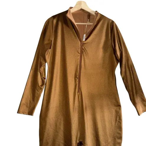 SKIMS Womens Brown Shiny One Piece Mock Neck Long Sleeve Zip Up Jumpsuit Sz 3X