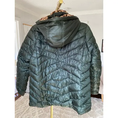 Big Chill Quilted Down Coat Dark Green Leopard Faux Fur Hood Streetwear City Y2K Size L