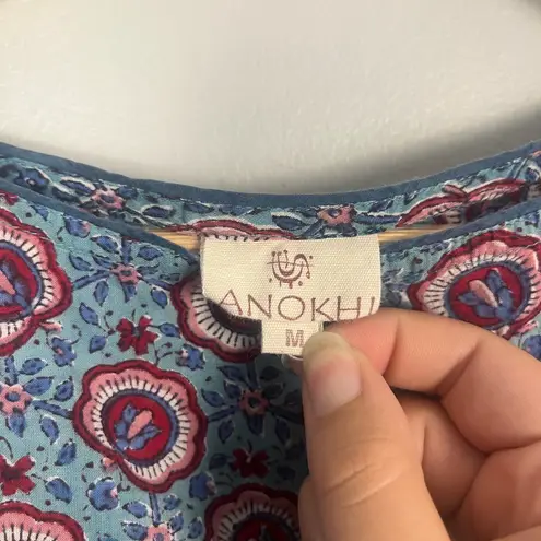 Anokhi blue and pink block printed short sleeve blouse size medium
