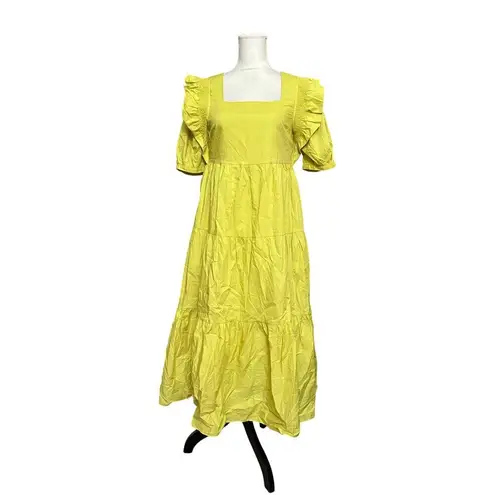 English Factory Puff Short Sleeve Midi Dress Square Neck Ruffle Smocked Detail S