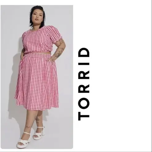 Torrid  Pink Gingham Midi Seersucker Smocked Skirt, Cropped Top Set size 6X