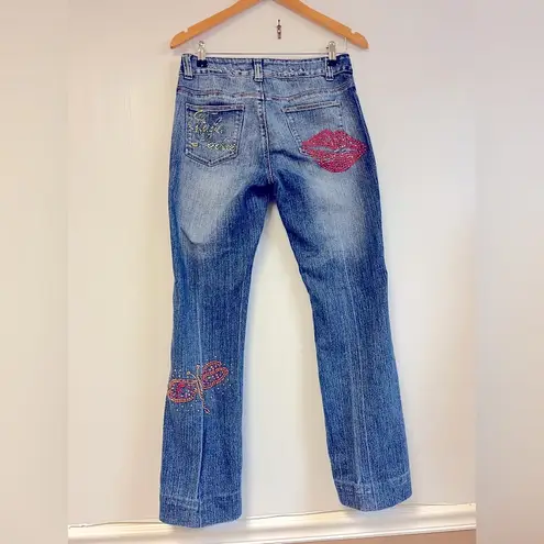 Vintage FUBU Women’s Rhinestone Boot Cut Jeans – Y2K Medium Wash (Size 5/6) Blue