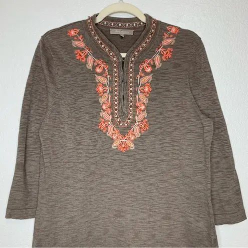 Tommy Bahama  Linen Blend Brown 3/4 Sleeve Embroidered Top