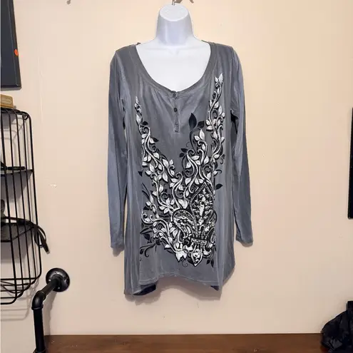 Vocal Gray Long Sleeve Top studded boho-chic flowy long casual tunic top S
