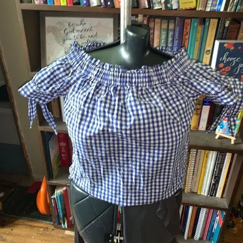 J Crew blue gingham off shoulder size 2 grandmacore blouse