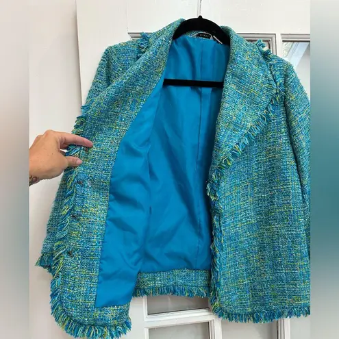 Laura Ashley Elegant Teal Turquoise Fringe Frayed Tweed Blazer Jacket Size M