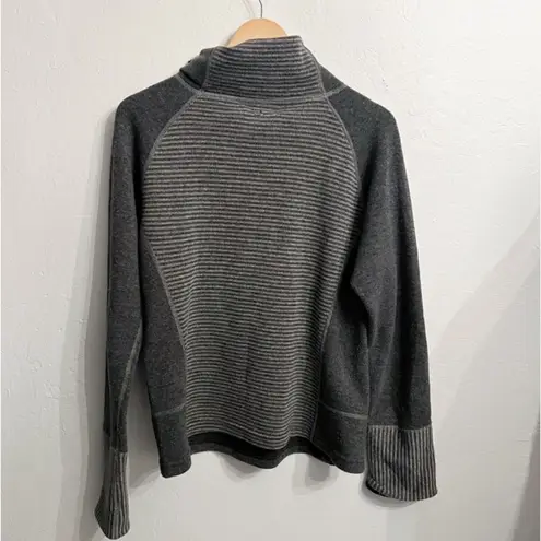 prAna  Lucia Knit Sweater Cowl Stripe Pullover Button Large Gray