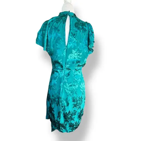 Saylor Cindylou Cocktail Dress Teal Satin Jacquard Floral Draped Hem Mini Dress