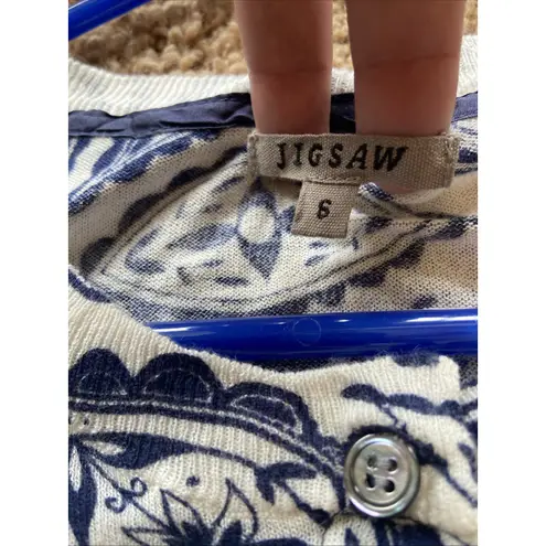 Jigsaw White Allover Navy Blue Floral Geometric Button Front Cardigan Sweater