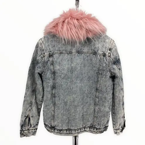 Juicy Couture  Black Label Pink Fur Collar Acid Wash Denim Sherpa Lined Jacket