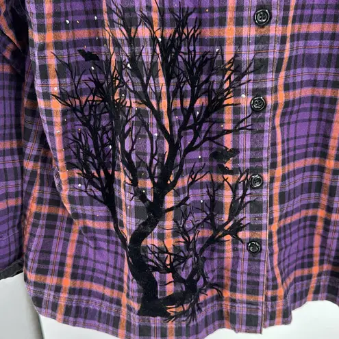 Krazy Kat Purple Orange Plaid Halloween embellished Button Down Shirt XXL bats