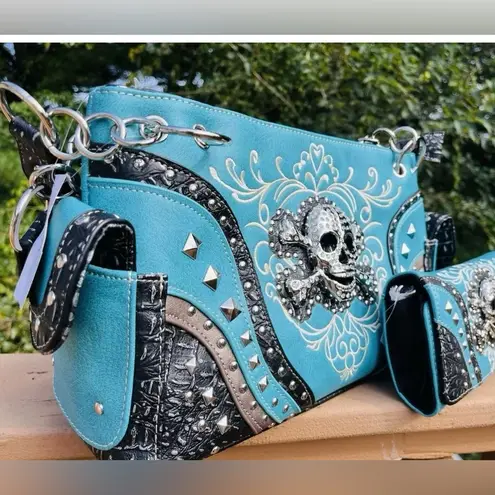 Turquoise Rhinestone Skull Concealed Carry Shoulder Bag & Wallet Set NWT Blue