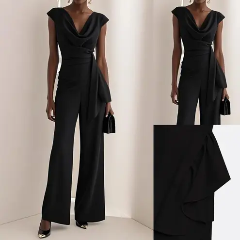 Fehaute Cowl Neck Jumpsuit Black Ruffle Detail Size 8 NWT