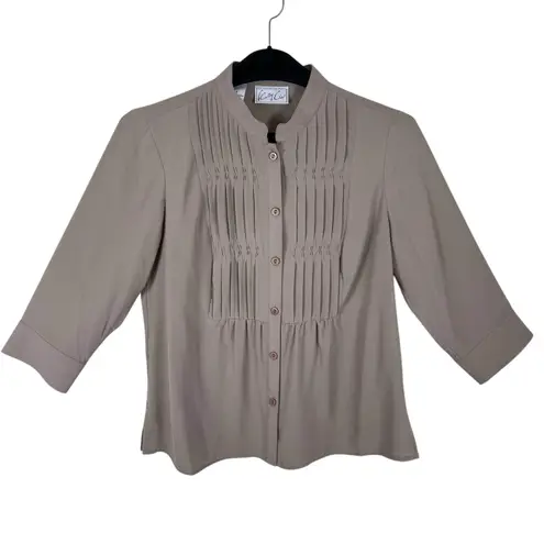 Kathy Che Vintage Tan 3/4 Sleeve Crew Neck Pleated Lightweight Button Up Size S4
